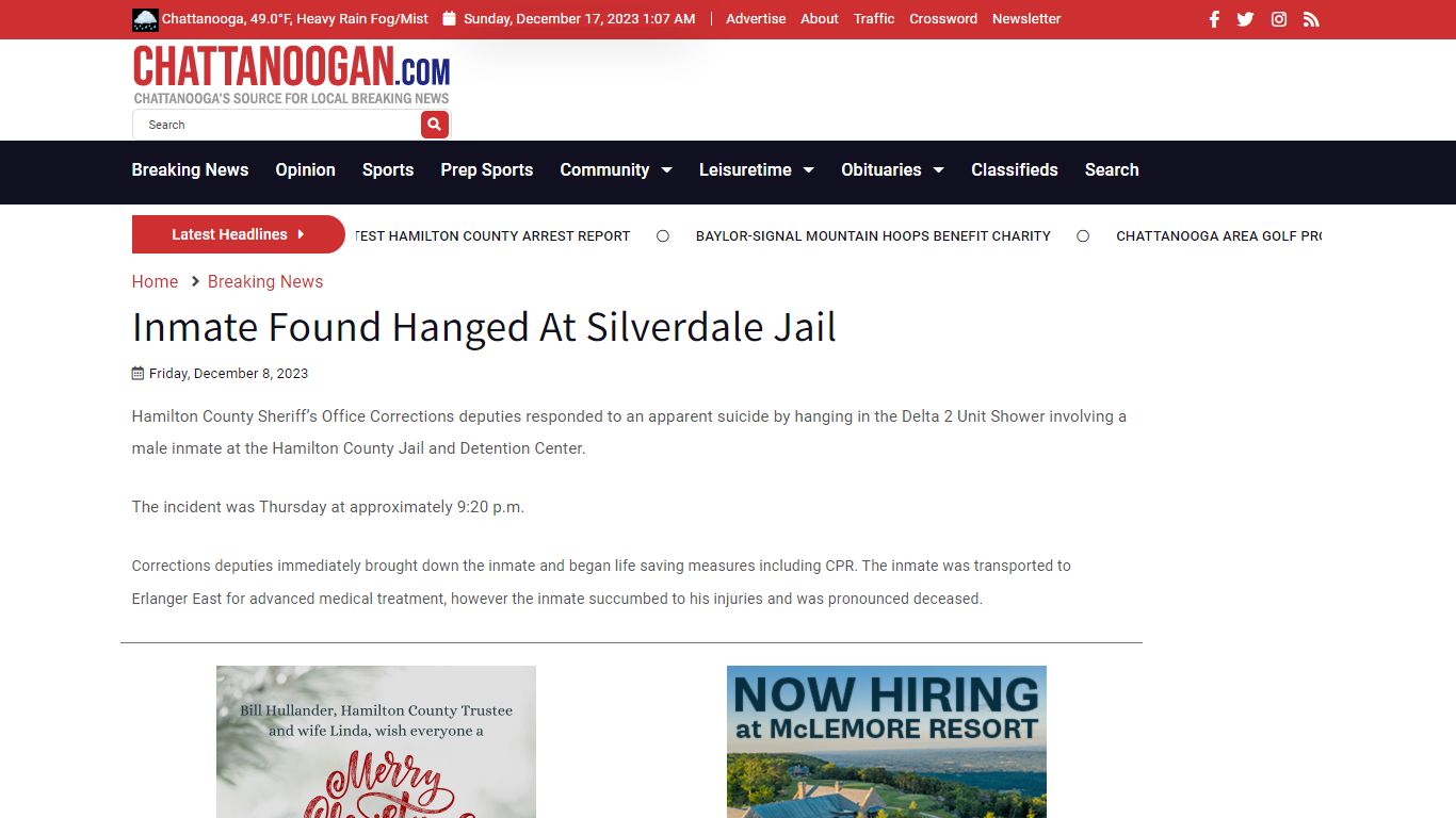 Inmate Found Hanged At Silverdale Jail - Chattanoogan.com